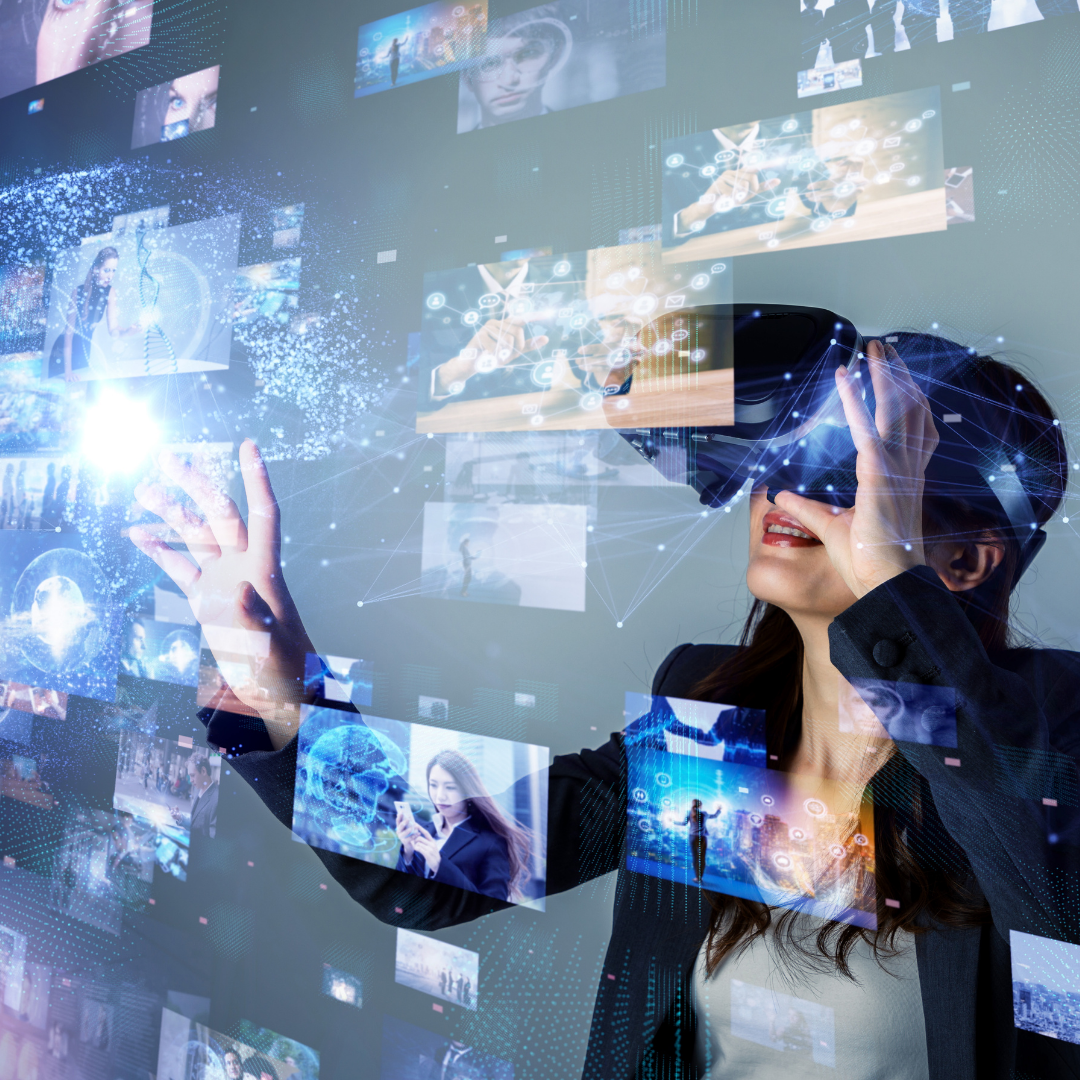 a woman with a virtual reality headset with her hands out in front of multiple screens