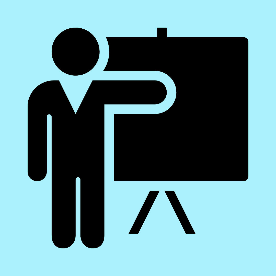 Element of a stickman in front of a board with baby blue background colour