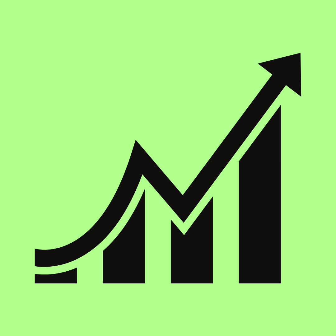 Element of graph with arrow going up with light green background colour