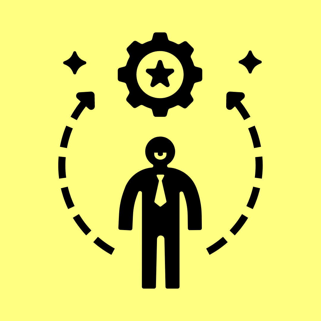 Element of stick person with arrows pointing to a setting icon with yellow background colour